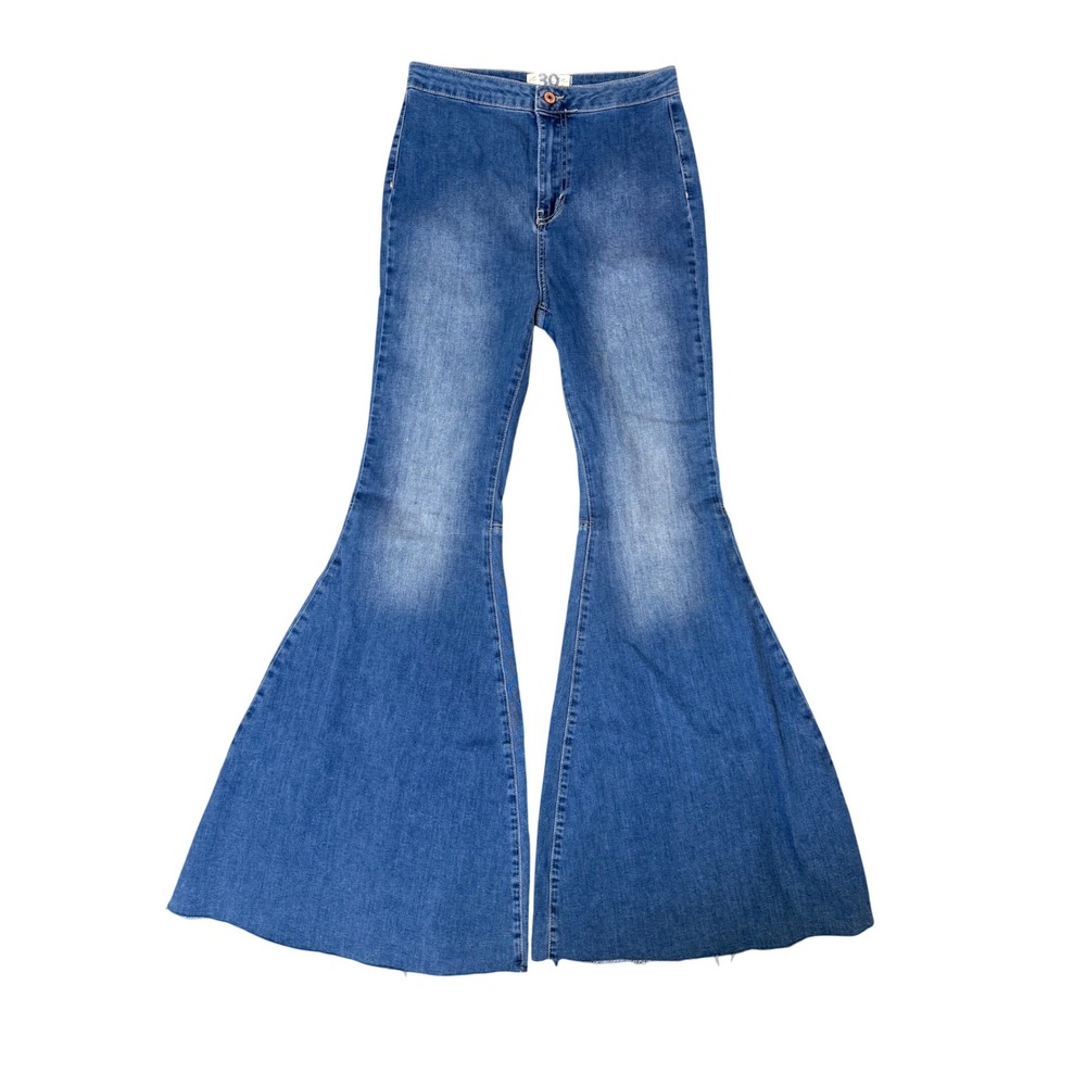 Free People We The Free Just Float On Flare Jeans Blue Denim Size 30 Raw Hem